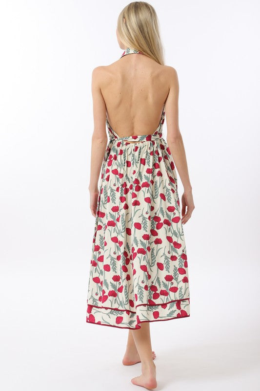 1531 Red Flowers Halter Midi Dress