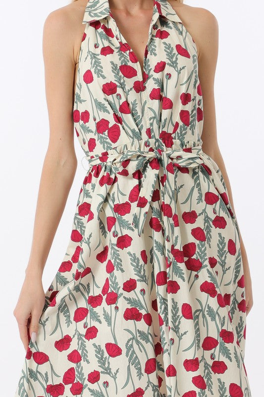 1531 Red Flowers Halter Midi Dress