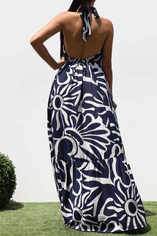 1607 Navy Print Halter Maxi Dress