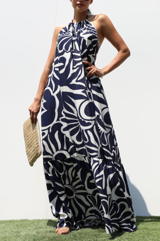 1607 Navy Print Halter Maxi Dress