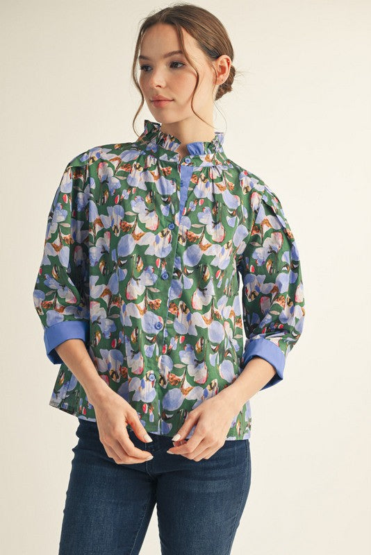 1649 Button Down Blue & Green Print Shirt