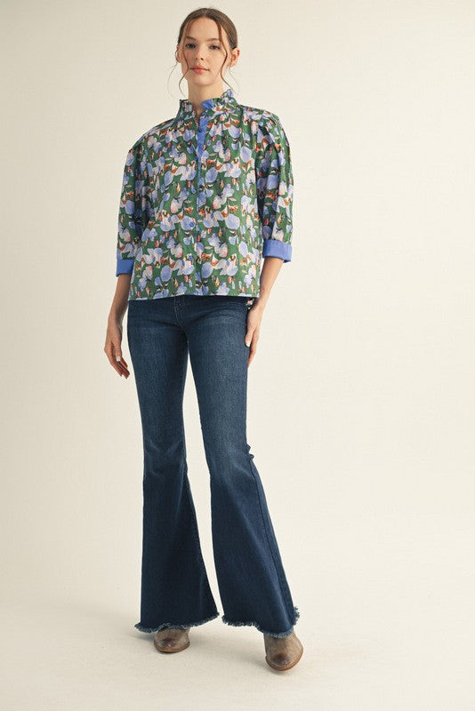 1649 Button Down Blue & Green Print Shirt