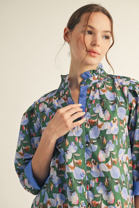 1649 Button Down Blue & Green Print Shirt