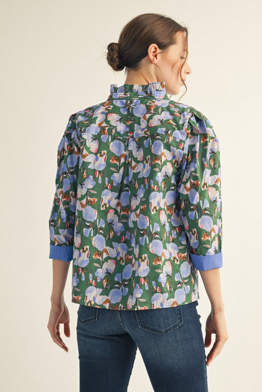 1649 Button Down Blue & Green Print Shirt