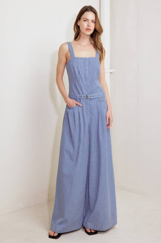 1543 Striped Blue Belted Jumpsuit