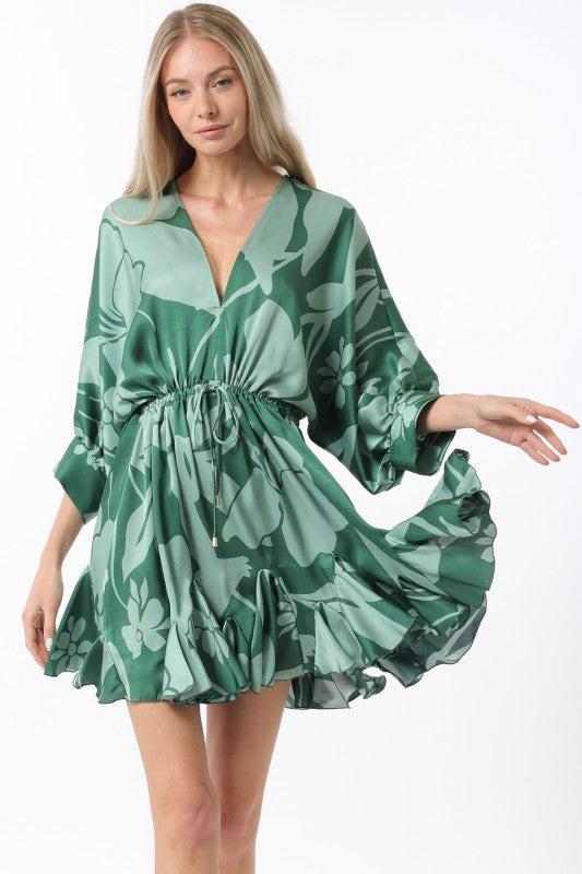 1643 Satin Print V-Neck Dress