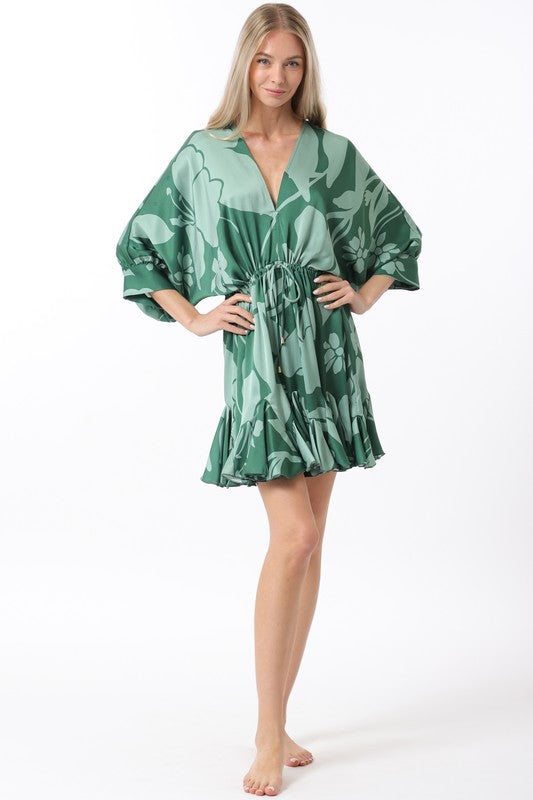 1643 Satin Print V-Neck Dress