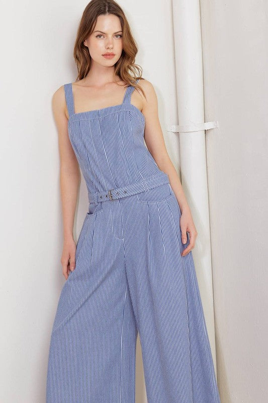1543 Striped Blue Belted Jumpsuit