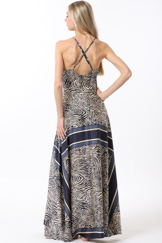 1575 Halter Navy Zebra Print Maxi Dress