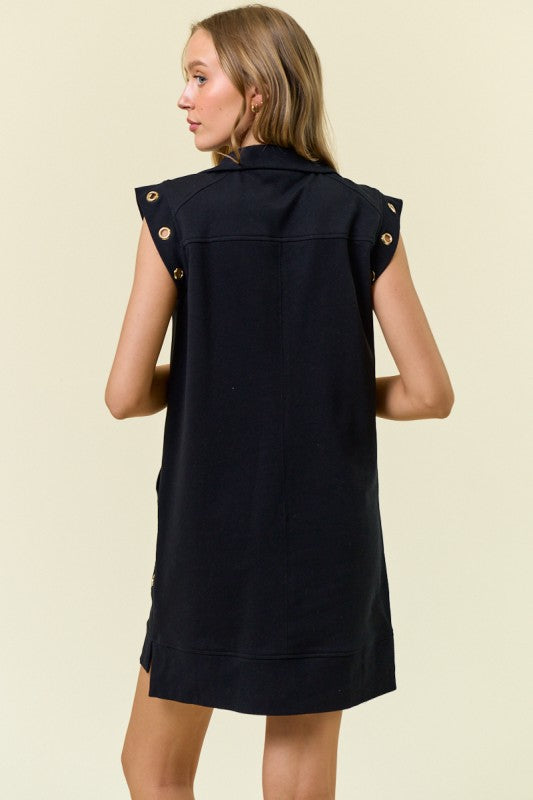 1620 Black Grommet Detail Pocket Zipper Dress