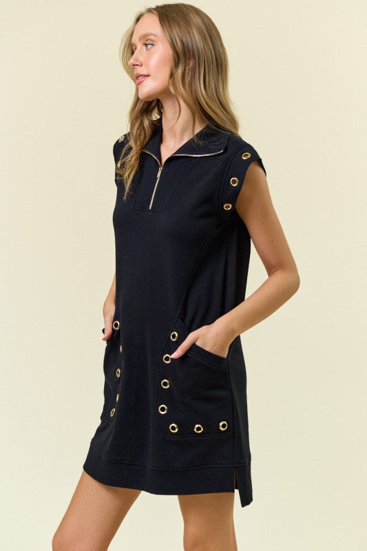1620 Black Grommet Detail Pocket Zipper Dress