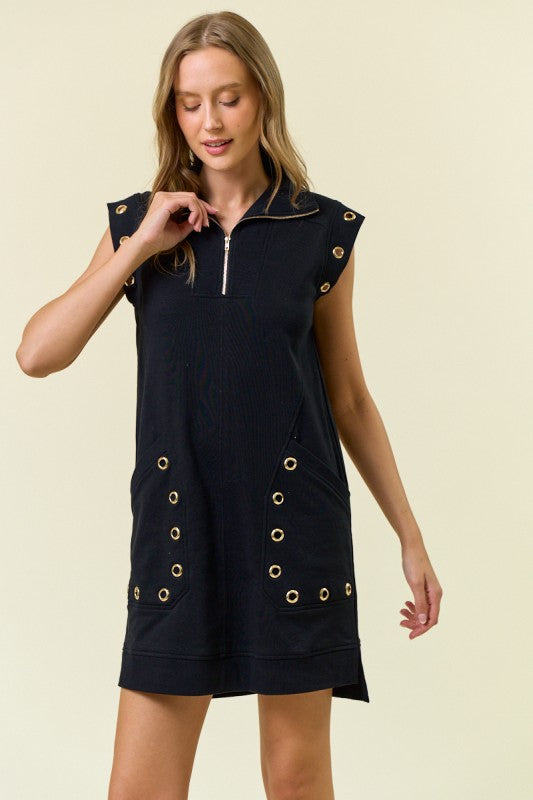 1620 Black Grommet Detail Pocket Zipper Dress