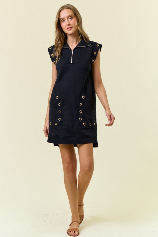 1620 Black Grommet Detail Pocket Zipper Dress