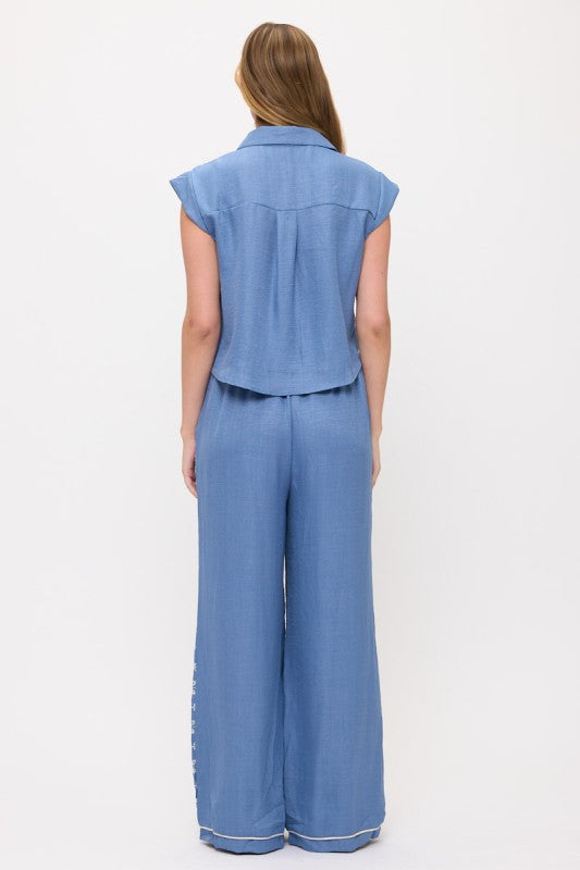 1579 Blue Embroidered Fabric Pant Set