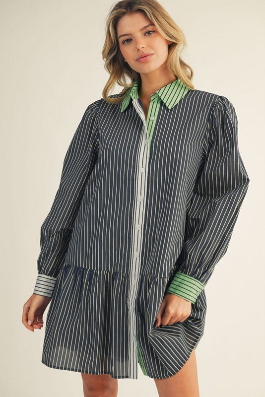 1734 Striped Button Down Long Sleeve Dress