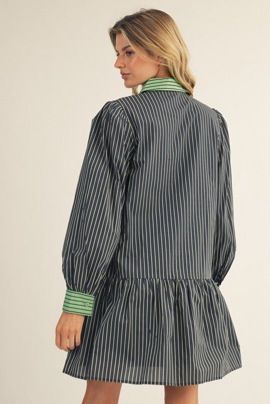 1734 Striped Button Down Long Sleeve Dress