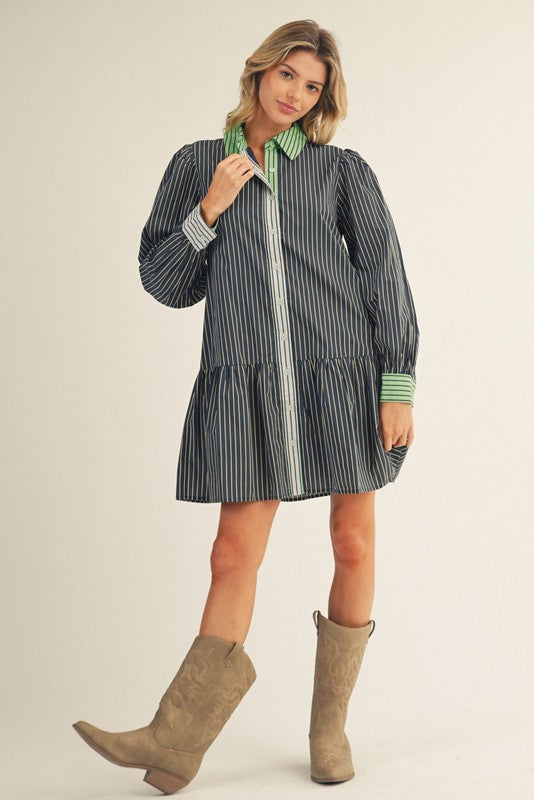 1734 Striped Button Down Long Sleeve Dress