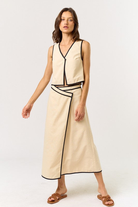 1570 Cream And Black Midi Wrap Skirt