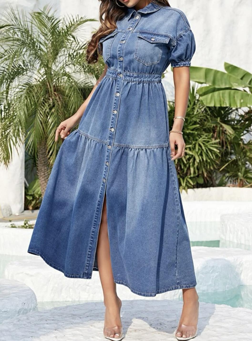 1003 Button Down Denim Maxi Dress