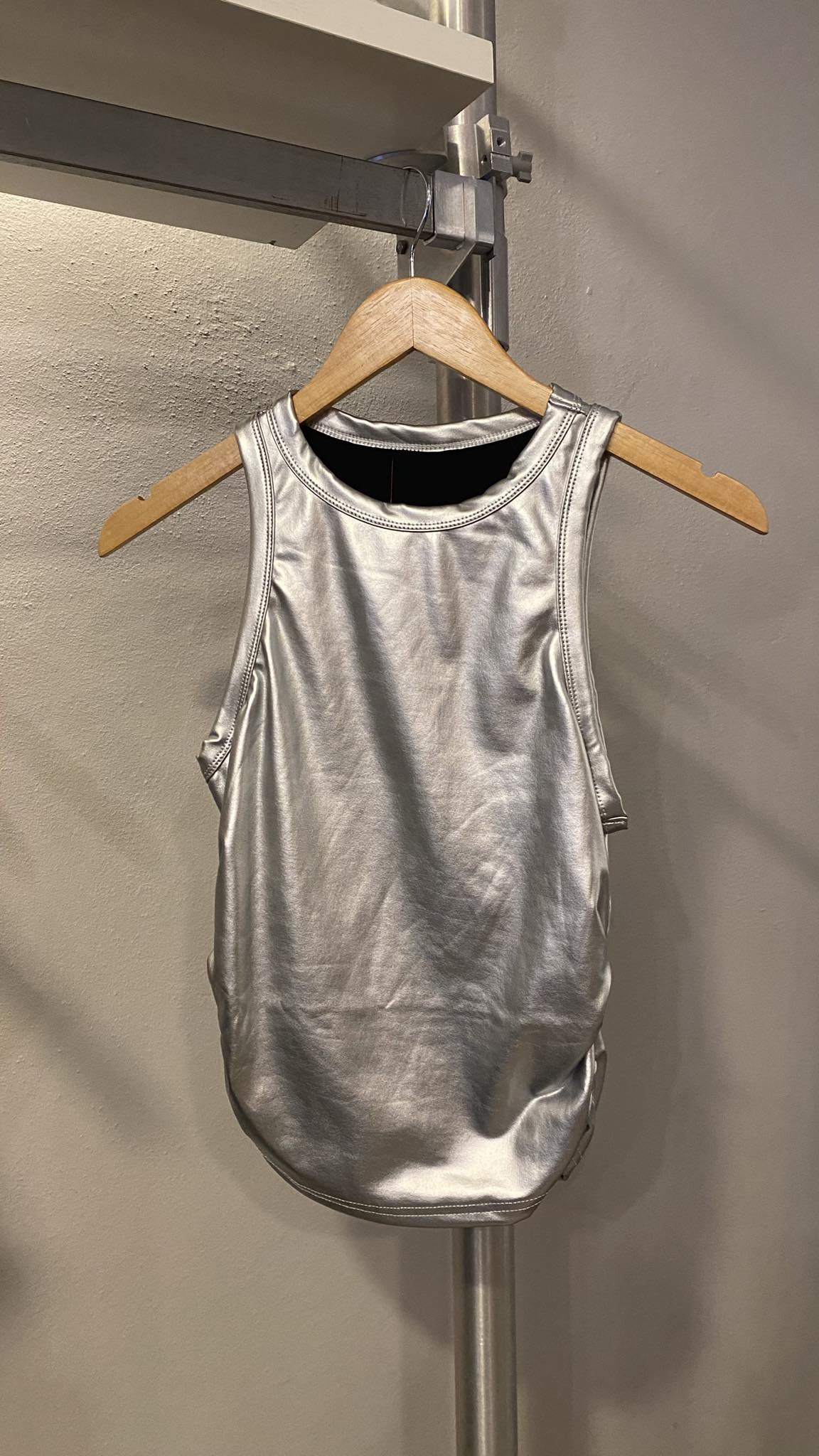 1066 Pleather Metallic Drapped Silver Tank Top