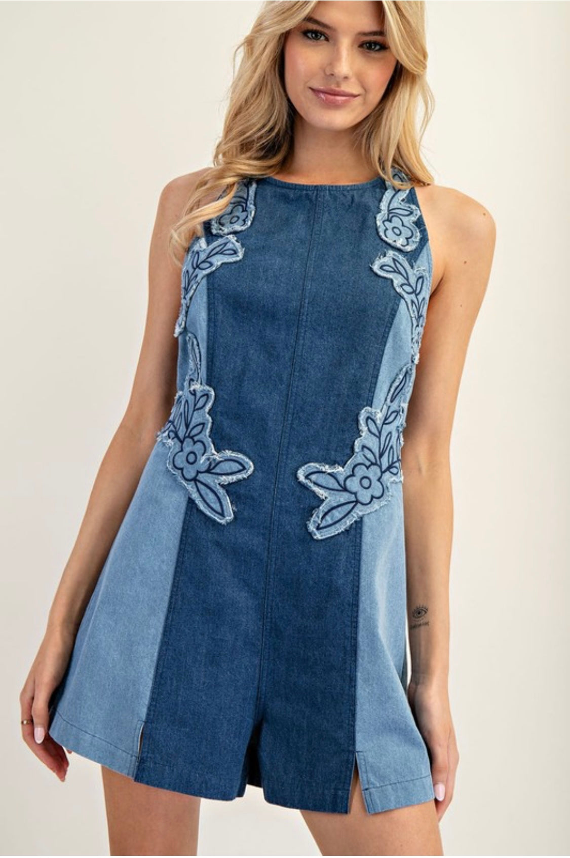 1403 Flowers Halter Two Tones Denim Romper