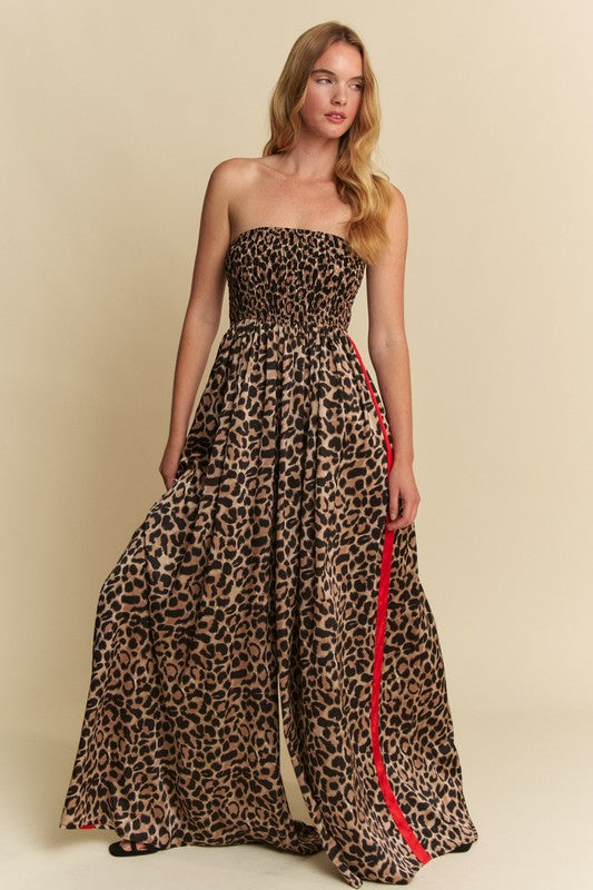 1328 Strapless Animal Print with Red Striped Jumpsuit