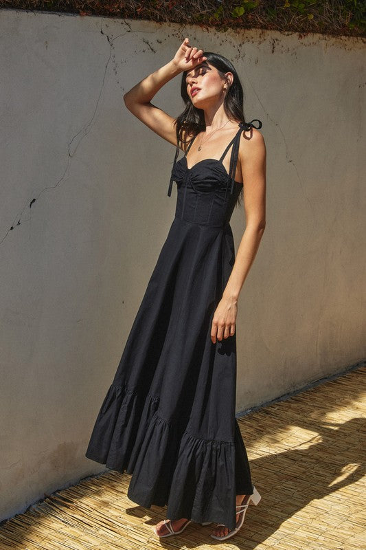 1538 Ruffle Skirt Shoulder Bow Maxi Dress
