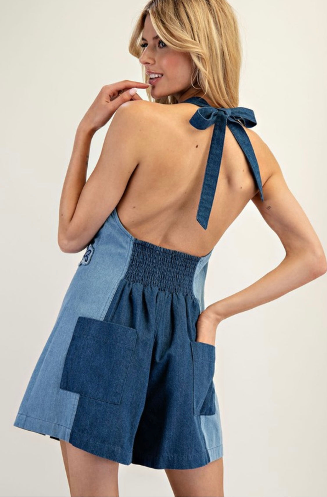 1403 Flowers Halter Two Tones Denim Romper