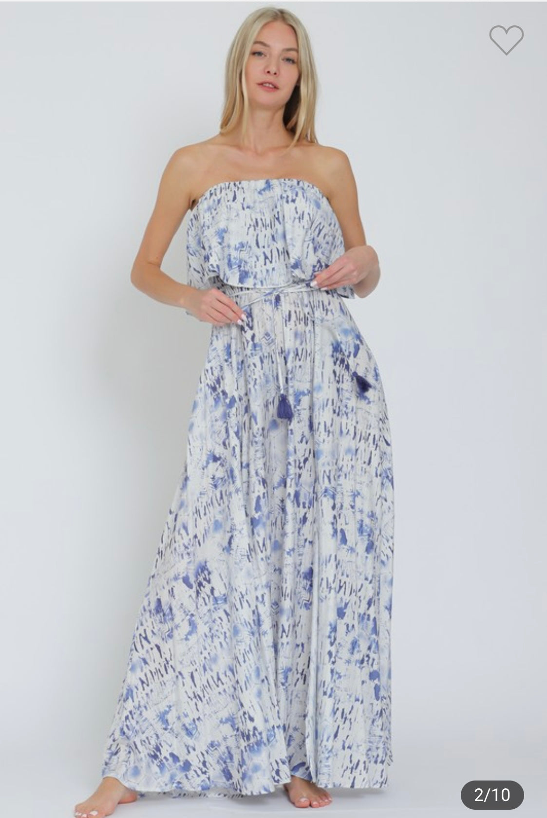 1625 Blue Printed Strapless Tassels Maxi Dress