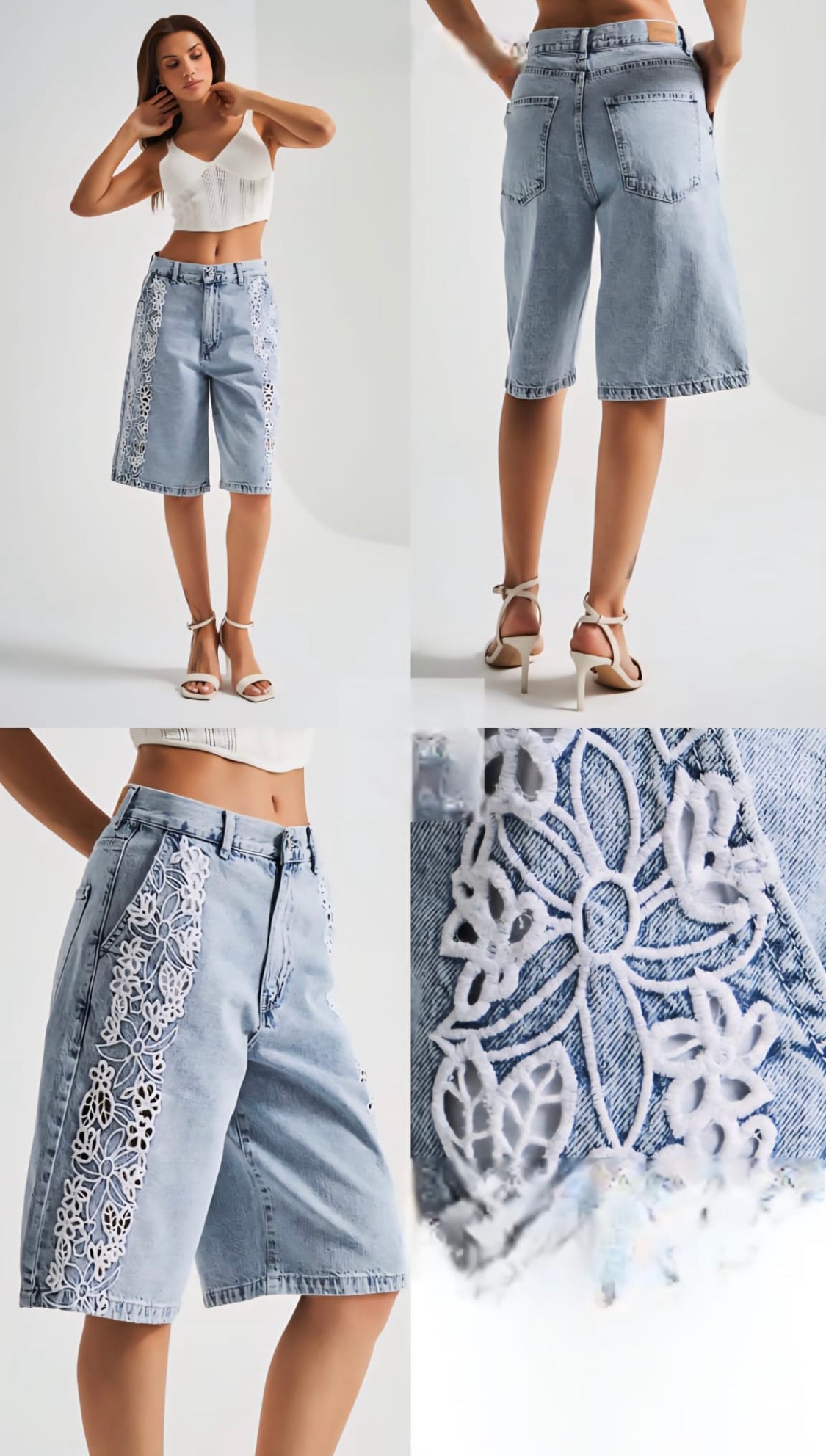 1654 White Lace Denim Bermuda