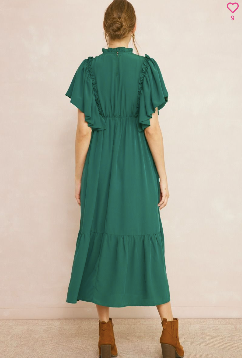 1125 Hunter Green Ruffle Sleeve Midi Dress
