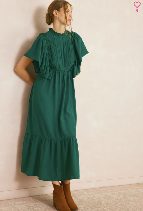 1125 Hunter Green Ruffle Sleeve Midi Dress