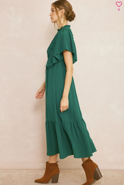 1125 Hunter Green Ruffle Sleeve Midi Dress