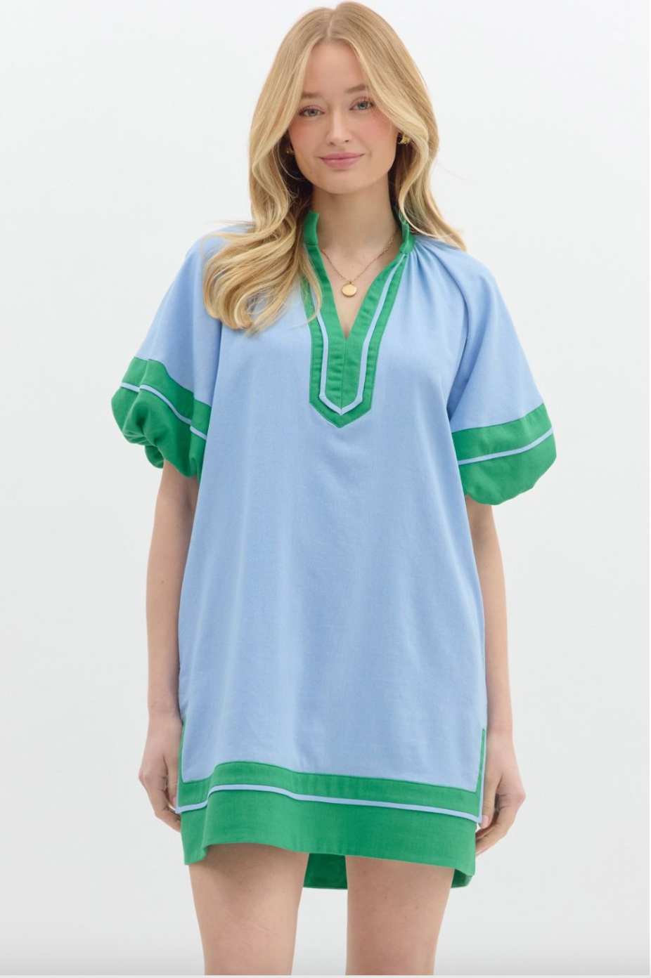1410 Blue & Green Bubble Sleeve Dress