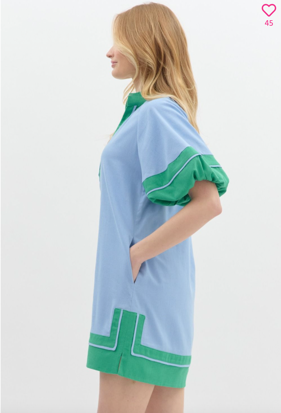 1410 Blue & Green Bubble Sleeve Dress