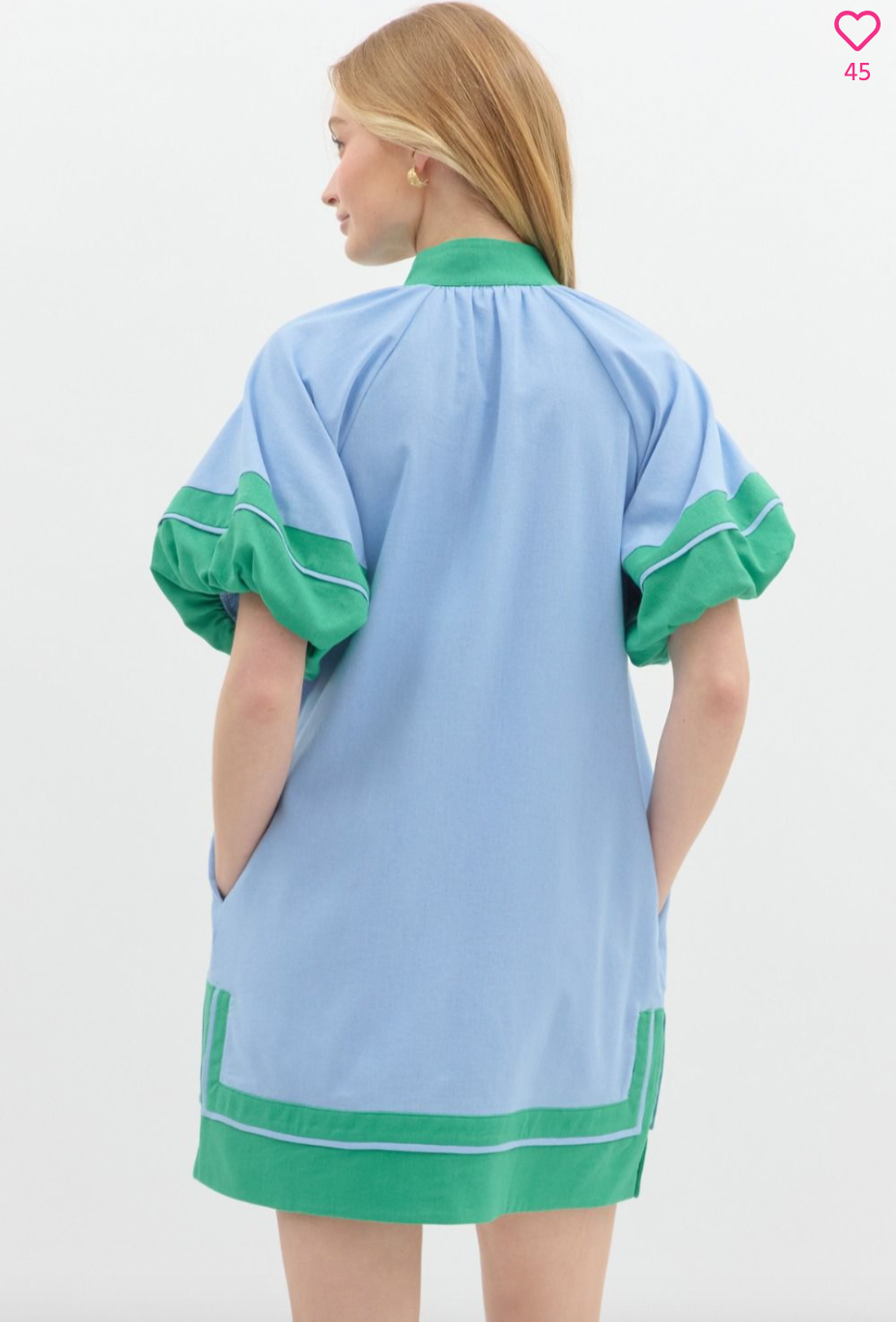 1410 Blue & Green Bubble Sleeve Dress