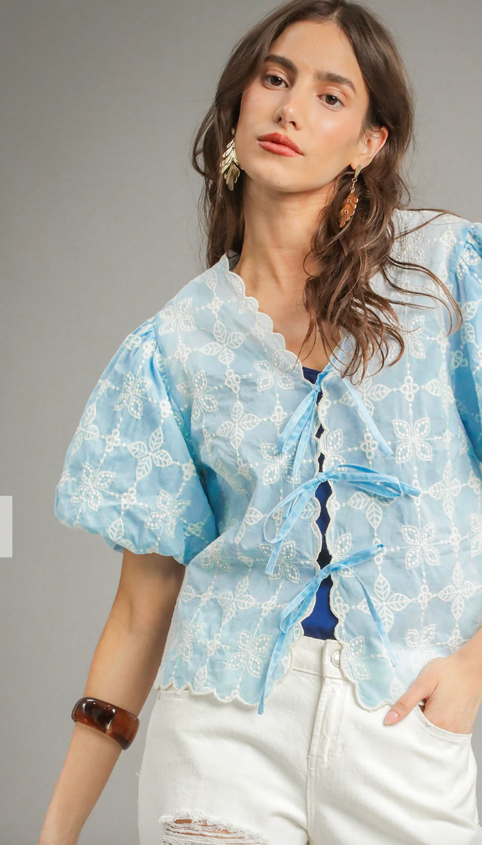1506 Light Blue Eyelet Embroidered Bubble Sleeve Bow Top