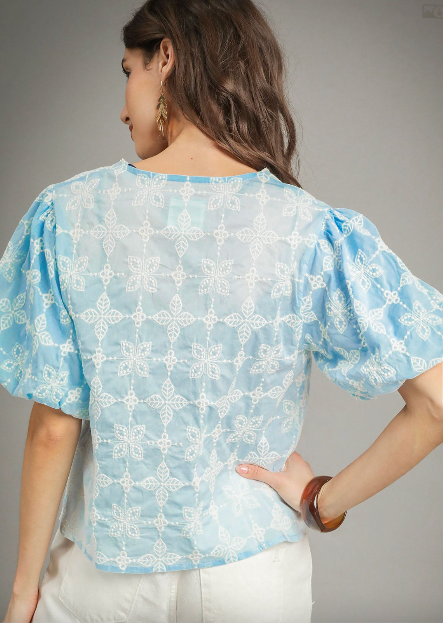 1506 Light Blue Eyelet Embroidered Bubble Sleeve Bow Top