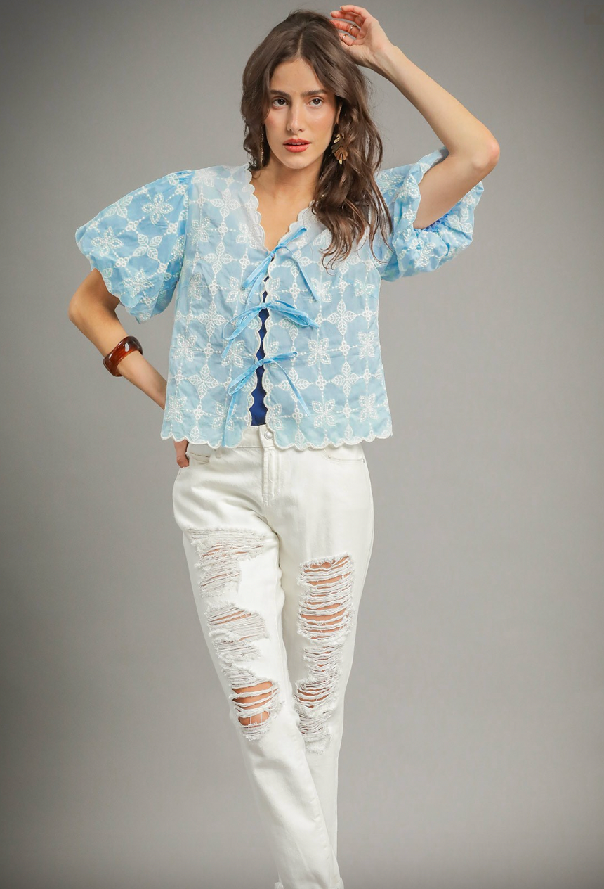 1506 Light Blue Eyelet Embroidered Bubble Sleeve Bow Top