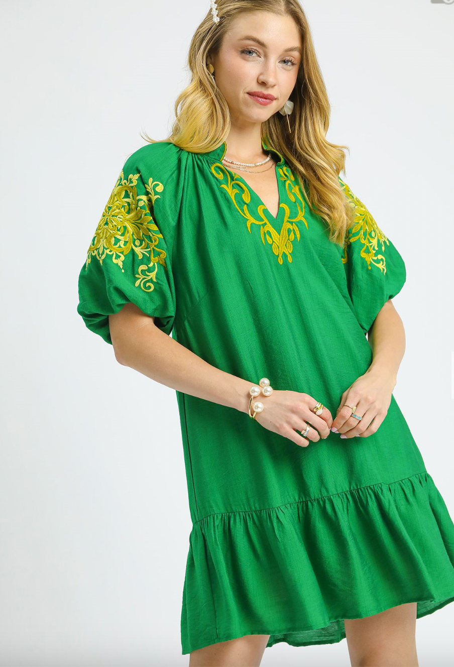 1507 Yellow Embroidered Green Dress