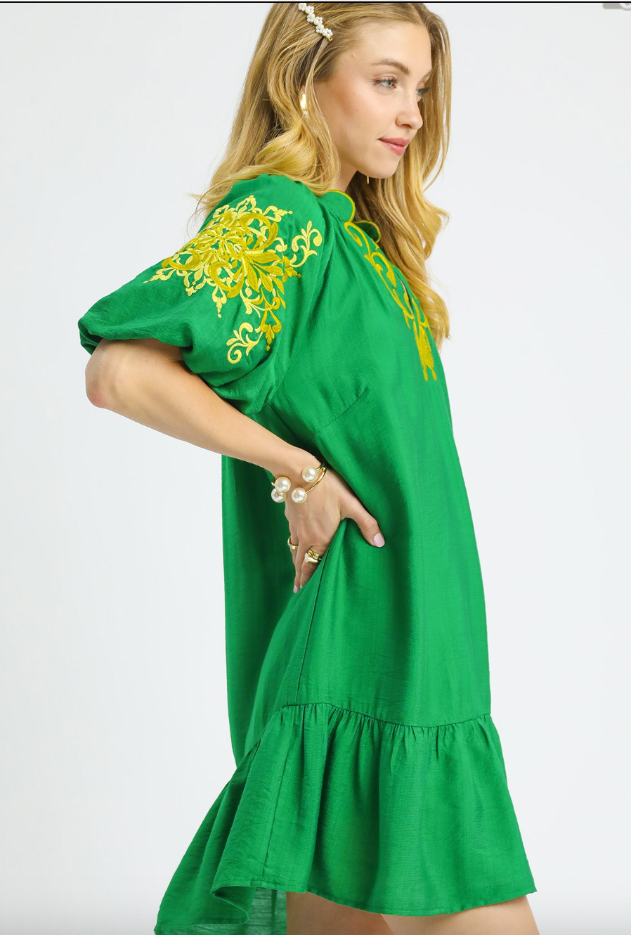 1507 Yellow Embroidered Green Dress