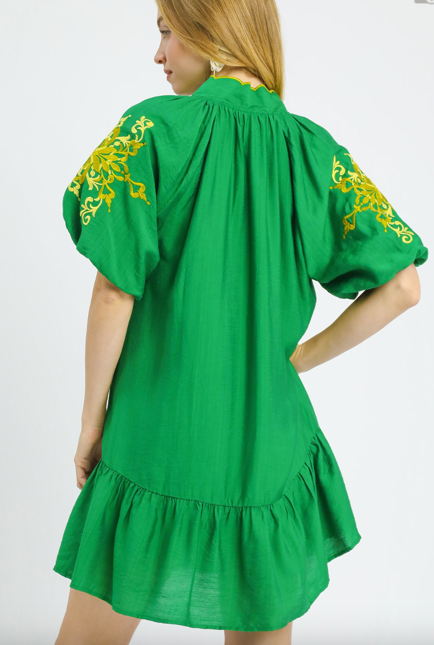 1507 Yellow Embroidered Green Dress