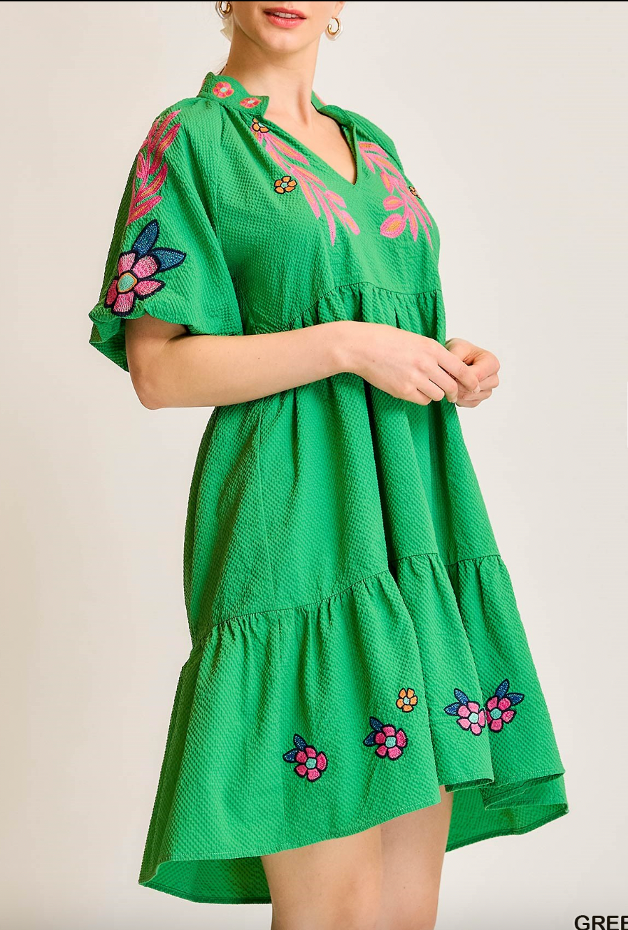 1508 Multi Embroidered Boho Green Dress
