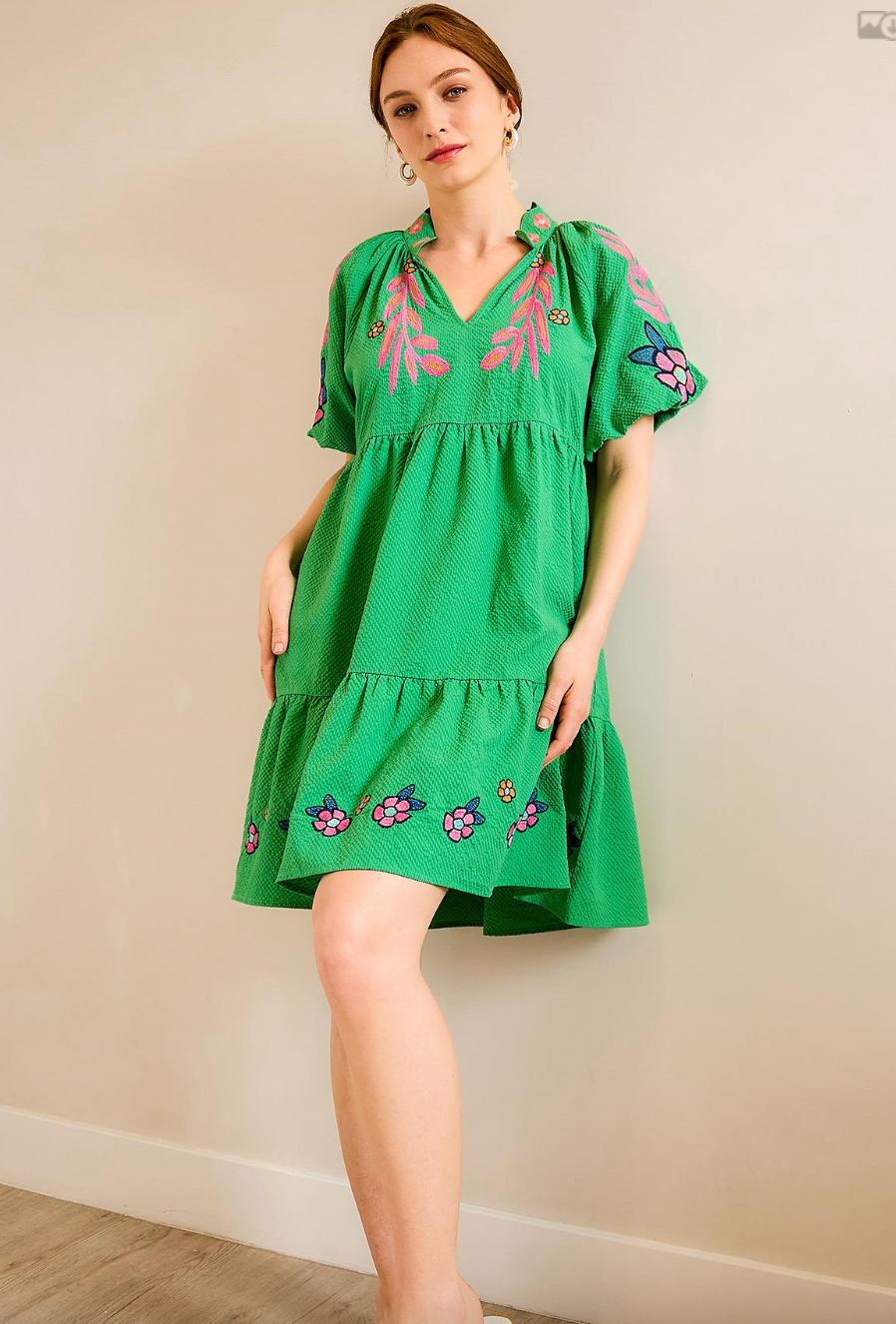 1508 Multi Embroidered Boho Green Dress