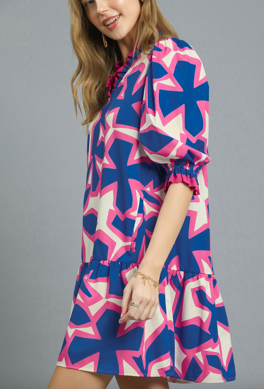 1509 Abstract Flower Pink & Blue Dress