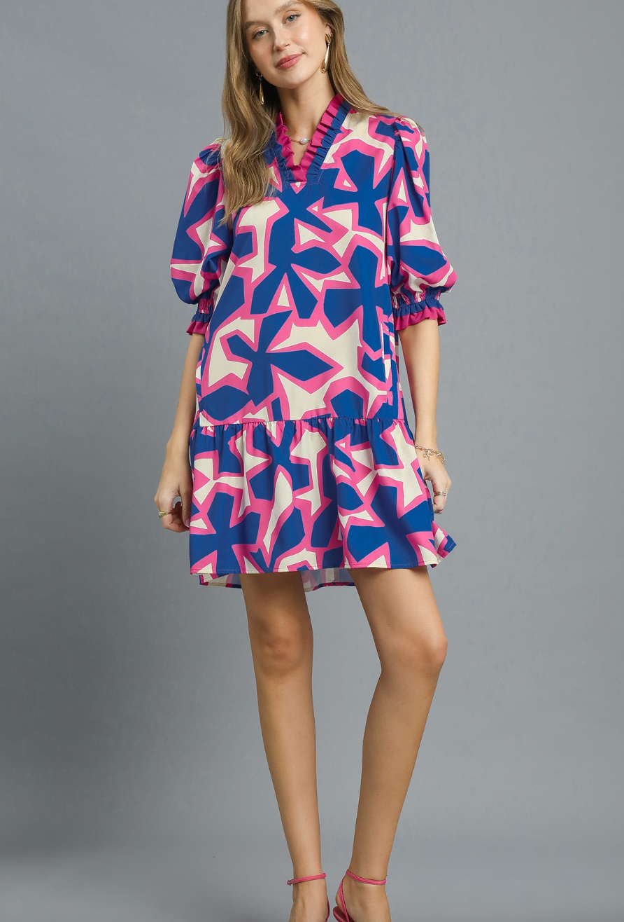 1509 Abstract Flower Pink & Blue Dress