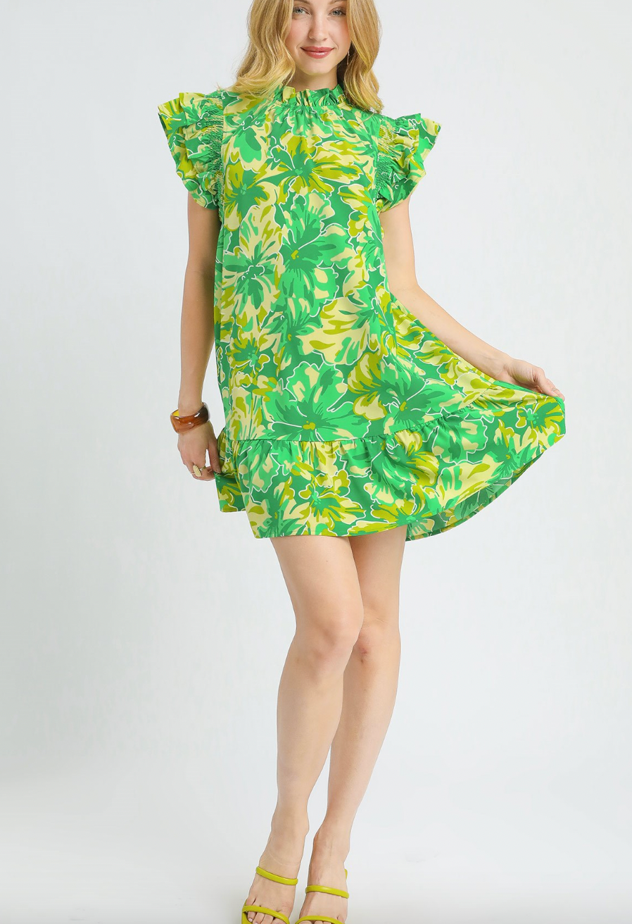 1510 Yellow & Green Print Ruffle Sleeve Dress