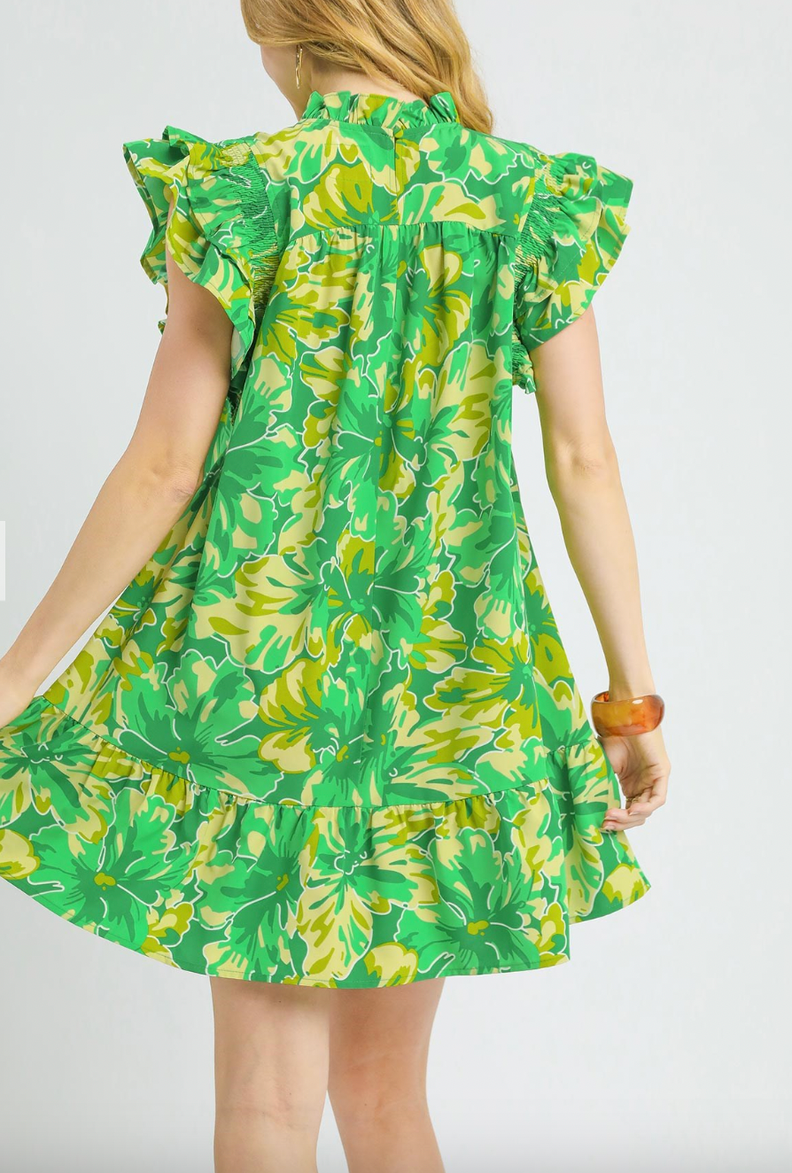 1510 Yellow & Green Print Ruffle Sleeve Dress