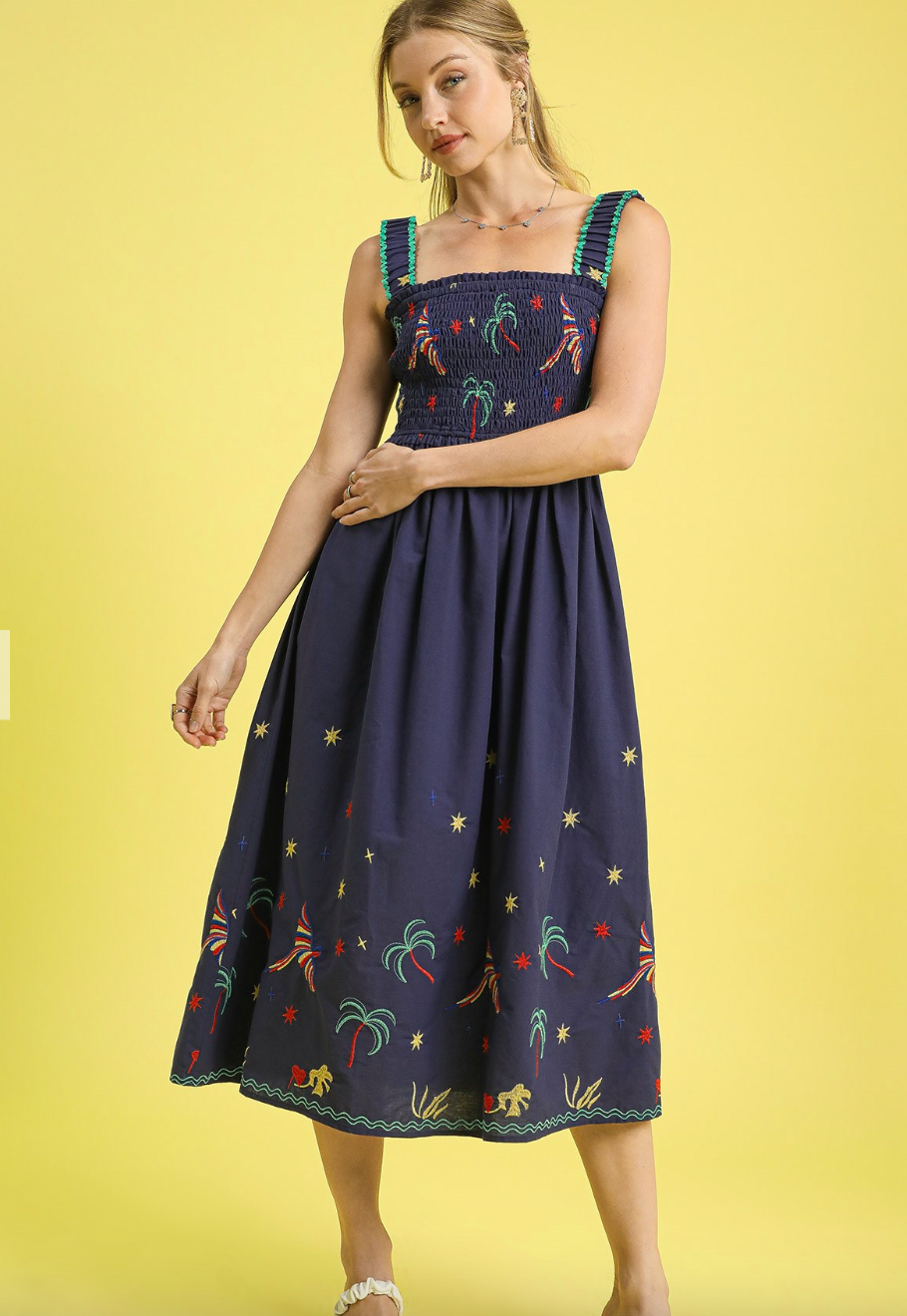 1513 Navy Embroidered Smocked Palm Sundress