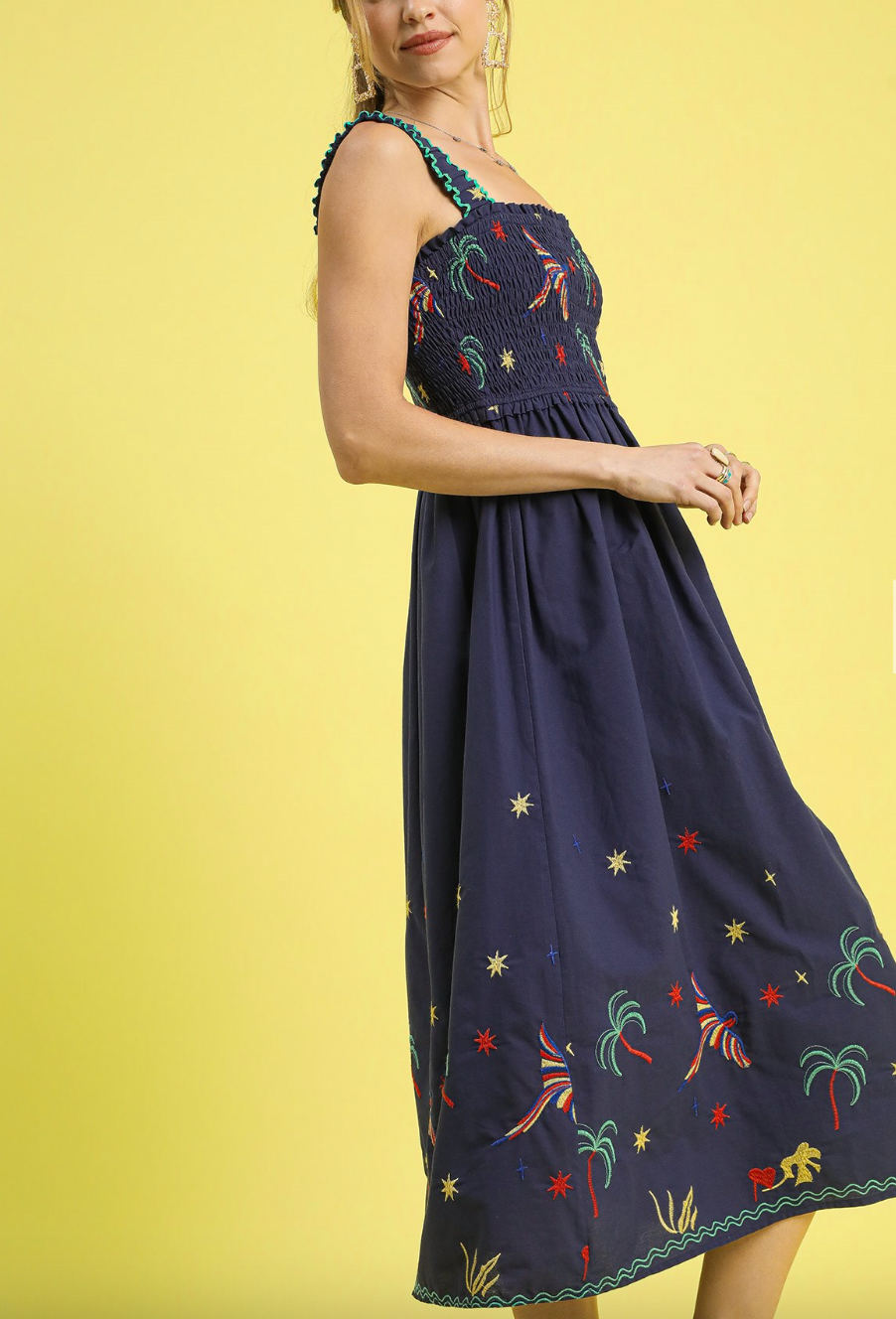1513 Navy Embroidered Smocked Palm Sundress